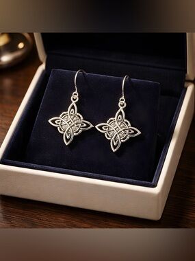 Silver Celtic Witch Knot Drop Earrings - Hypoallergenic Hooks
